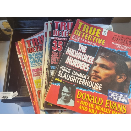 405 - Metal deed box containing vintage True Detective and Murder magazines, various.  (B.P. 21% + VAT)