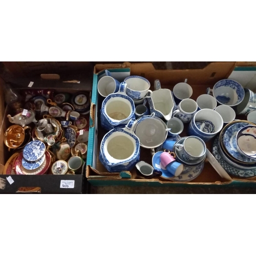 410 - Box of assorted blue and white china, a further box of assorted miniature cabinet items and box cont... 