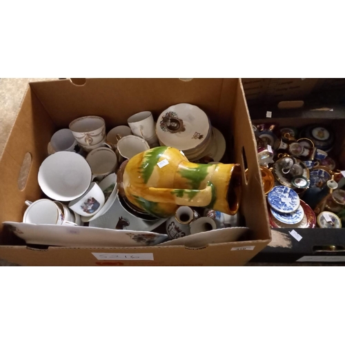 410 - Box of assorted blue and white china, a further box of assorted miniature cabinet items and box cont... 