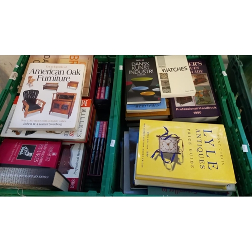 412 - Two crates of mainly Antiques reference books including: Encyclopedia of American oak furniture, cat... 