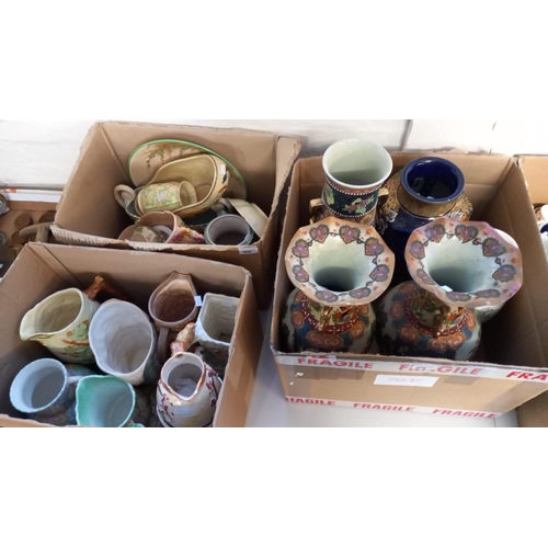 414 - Two boxes of assorted china, being mainly 20th century Staffordshire, Shorter & Sons jugs, dishes an... 