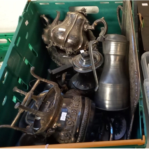 417 - Box of assorted silver plate to include, salver, coffee and teapot, spirit kettle etc. and a large p... 