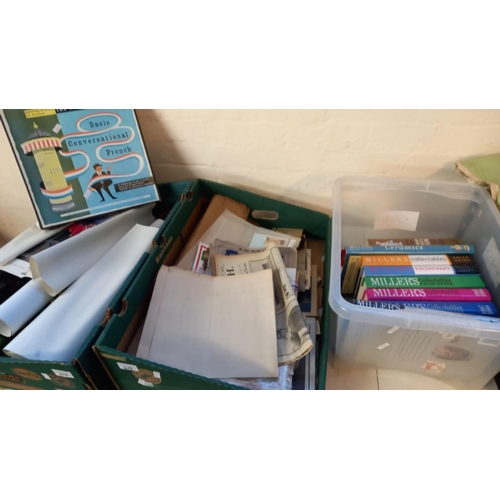 419 - Two trays of assorted ephemera and oddments and box of assorted antique reference books etc.  (3)  (... 