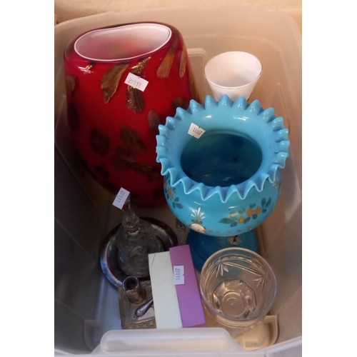 421 - Box of assorted glassware including: blue vase, lustre, modern overlay glass vase etc.  (B.P. 21% + ... 