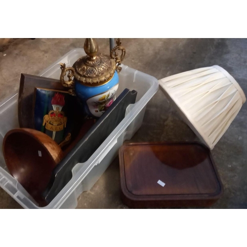 429 - Two boxes of assorted items to include: continual metal mounted table lamp base, clock stand, treen ... 