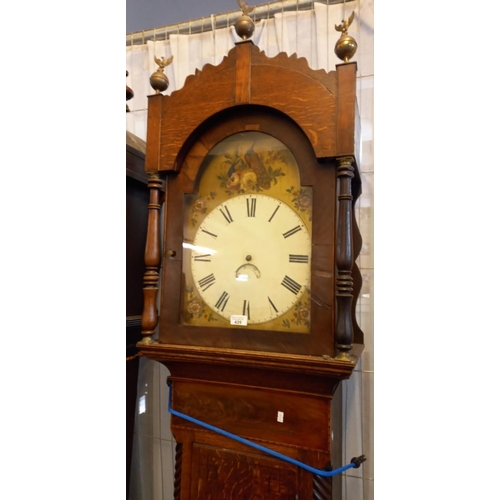 439 - 19th century Welsh oak 30 hour long case clock with arch painted Roman face .  With pendulum and wei... 