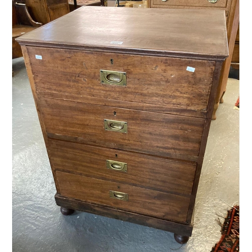 445 - 19th century mahogany straight front chest of four drawers with campaign style brass recessed handle... 