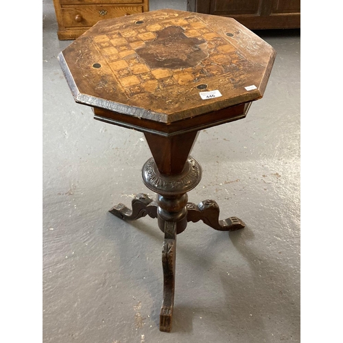 446 - Victorian walnut and mixed woods inlaid ladies octagonal work table on a tripod base in distressed c... 