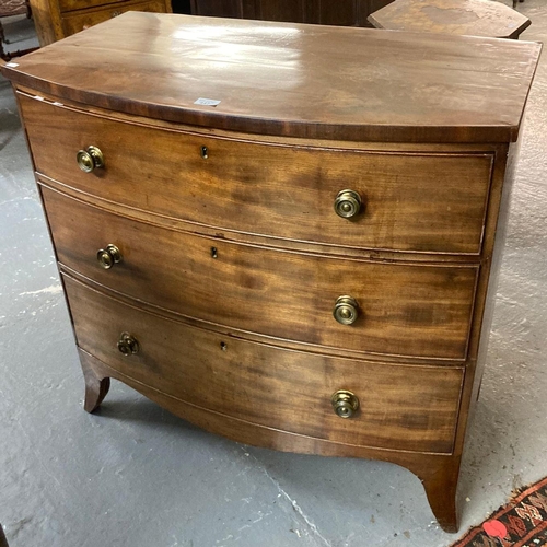 447 - 19th century mahogany bow front chest of three long drawers on splay legs.  91x50x88cm approx.  (B.P... 