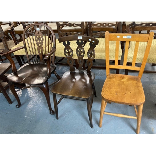 453 - Collection of three chairs to include: elm and oak farmhouse chair, elm Ercol chair and a hoop spind... 