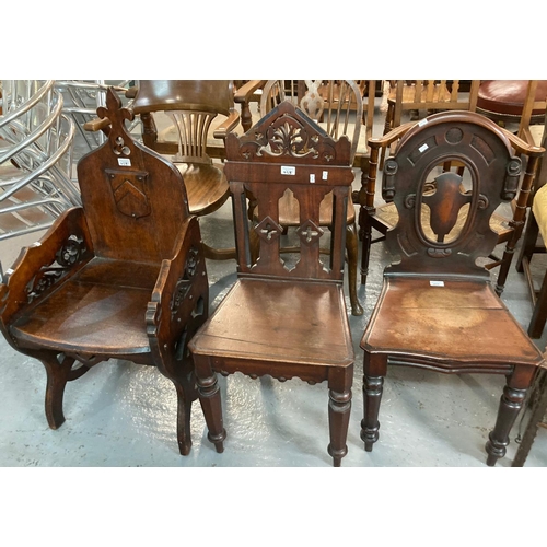 455 - Collection of Victorian mahogany hall chairs of ecclesiastic design.  (3)  (B.P. 21% + VAT)