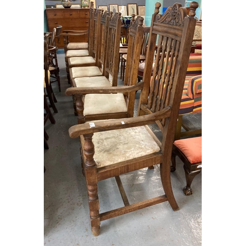 458 - Set of seven 17th century style oak slat back dining chairs. (Early 20th century)   (5+2)  (7)  (B.P... 