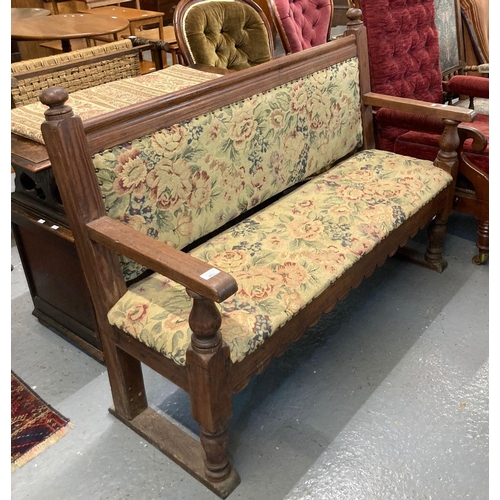 463 - Victorian pitch pine settle/bench with later floral upholstery. (B.P. 21% + VAT)