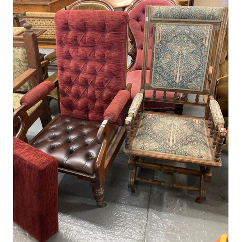 464 - Victorian mahogany button back open armchair with later cushion and leather seat hidden, together wi... 