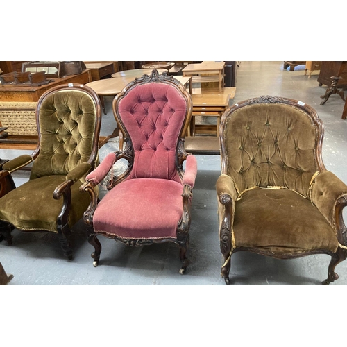 466 - Collection of three late Victorian button back fireside chairs, all with padded arms standing on tur... 