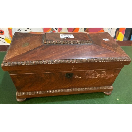 469 - 19th century mahogany sarcophagus shaped tea caddy on bun feet.   (B.P. 21% + VAT)