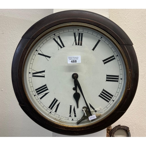 488 - Victorian mahogany framed single train wall clock with painted face and Roman numerals with key.   (... 