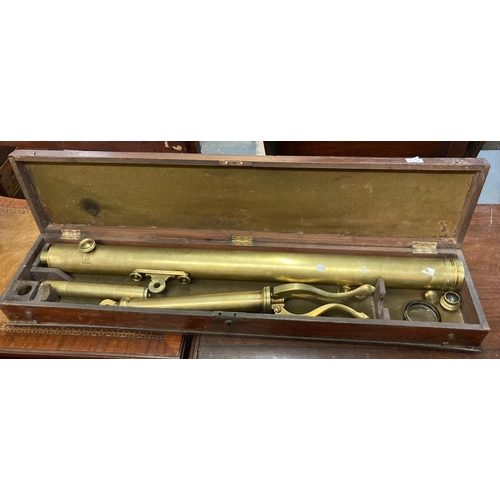 490 - 19th century all brass single drawer telescope by L P Cutts of London on a tri-form adjustable base,... 