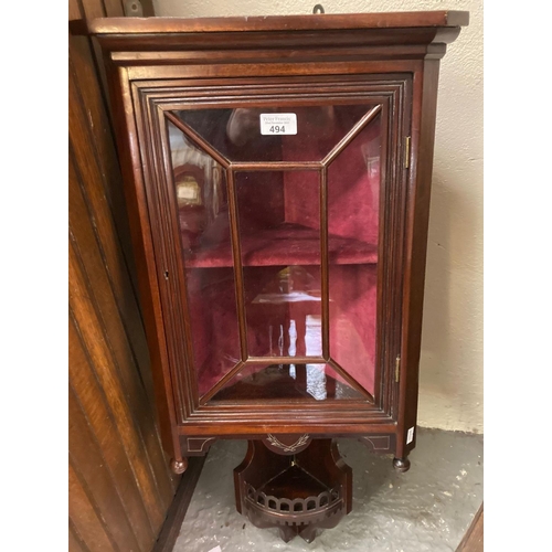 494 - Edwardian mahogany astragal glazed hanging corner cabinet with under shelf.  (B.P. 21% + VAT)