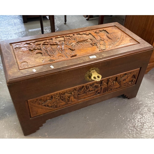 504 - 20th century camphor wood trunk/chest ornately carved with figures amongst pagodas.  (B.P. 21% + VAT... 