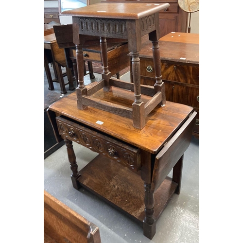 506 - Mid century oak side table with drop flap, single drawer and under tier together with 17th century s... 