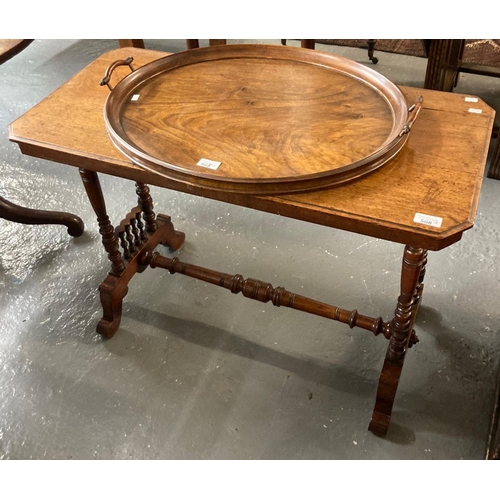 508 - Late Victorian mahogany stretcher table together with an Edwardian mahogany two handled dish top but... 