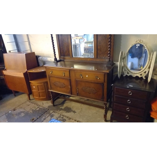 519 - Group of mid century furniture items to include: Ercol type standing corner cupboard, teak fall fron... 