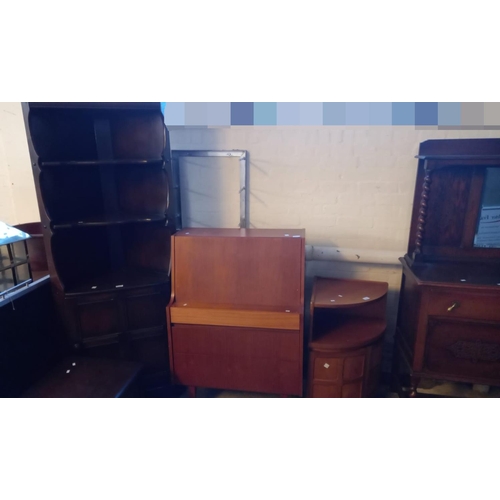 519 - Group of mid century furniture items to include: Ercol type standing corner cupboard, teak fall fron... 