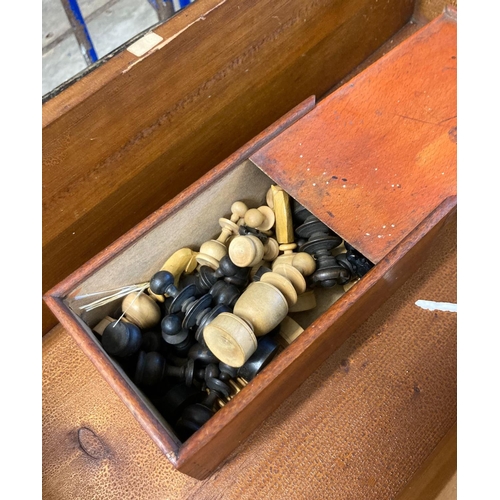 532 - Vintage bar skittles type game with various accessories together with boxwood chess set in wooden bo... 