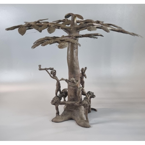61 - Unusual bronze sculpture of African lumber jacks chopping down a tree.  40cm high approx.  (B.P. 21%... 