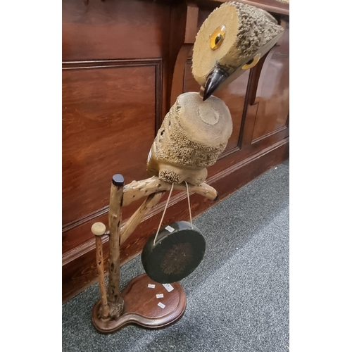 63 - Unusual novelty dinner gong in the form of an owl on a branch with striker.  80cm high approx.  (B.P... 