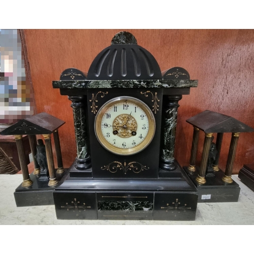 64 - Late Victorian black slate and marble two train architectural clock garniture, Arabic ceramic face, ... 