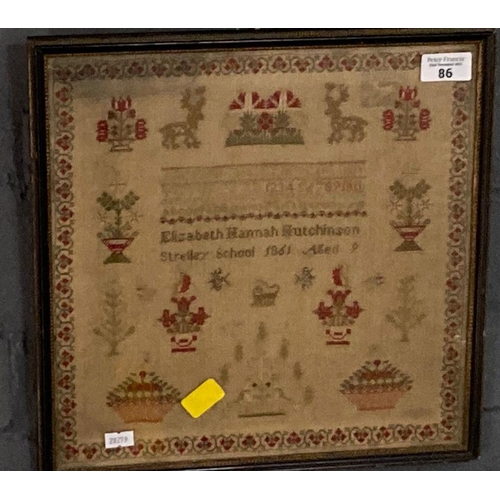 86 - 19th century framed needlework sampler by 'Elizabeth Hannah Hutchinson, Strelley School, 1861 Aged 9... 