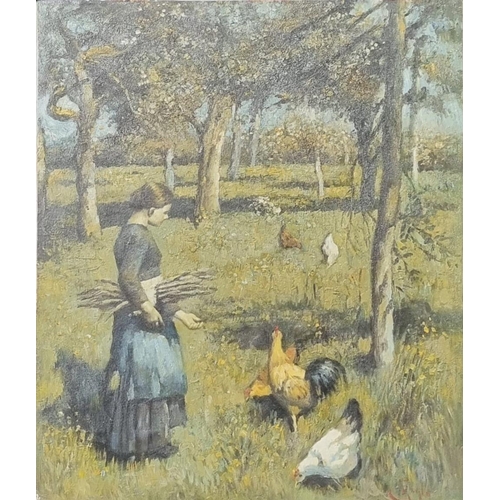 100 - Attributed to Will Evans (Welsh, 1888-1957), young girl feeding chickens in an orchard.  Oils on can... 