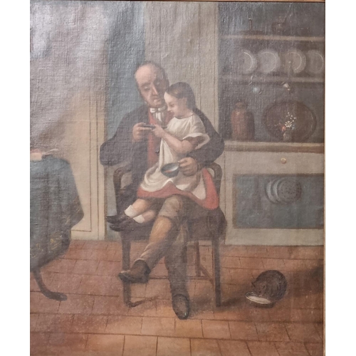 102 - British School (19tyh century), father sharing a cup of tea with his daughter on his knee, cat at th... 