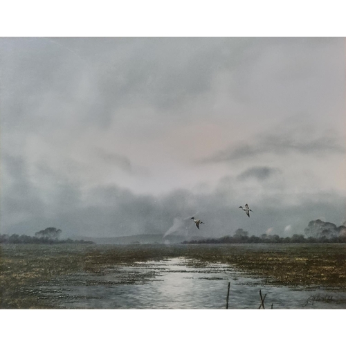 107A - J Hilliard, (Contemporary Welsh), 'Pintail and Stormy Clouds', a late evening winter estuary scene, ... 