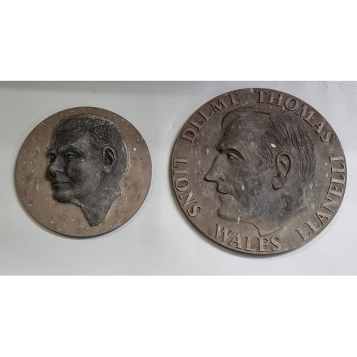 111 - Harvey Thomas (Welsh, lived locally, died 2017), two circular bronze portrait reliefs, of Welsh Rugb... 