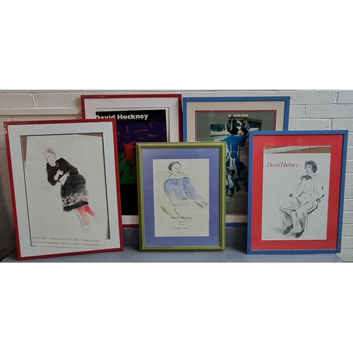 120 - Group of David Hockney museum type posters, various including: three portraits, dancing couple and a... 