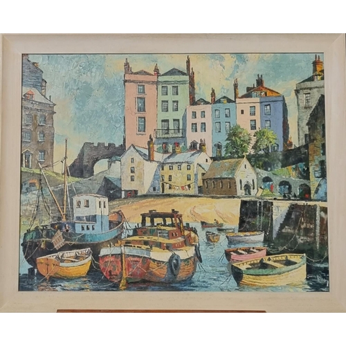 121 - James Priddey (British 1916 - 1980), 'The Harbour, Tenby', signed.  Oils on canvas.  70x92cm approx....