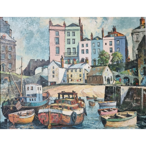 121 - James Priddey (British 1916 - 1980), 'The Harbour, Tenby', signed.  Oils on canvas.  70x92cm approx.... 