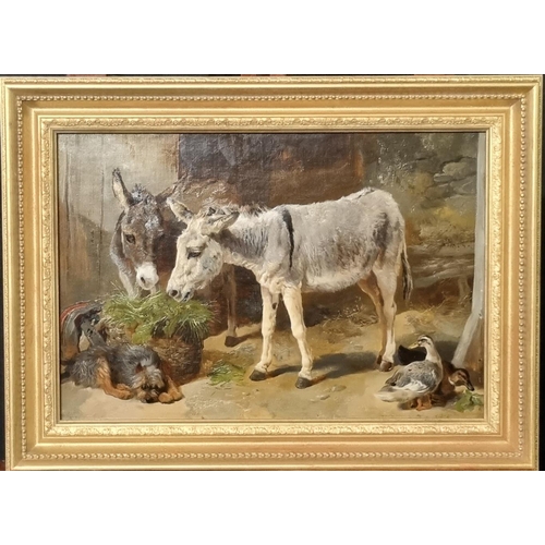 124 - George William Horlor (British 1832 -1895), two donkeys with dog and ducks in a stable interior, sig... 