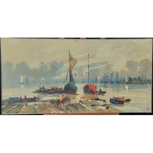 125 - H Roberts (20th century), Middle Eastern estuary scene with beached boats and figures, signed.  Oils... 