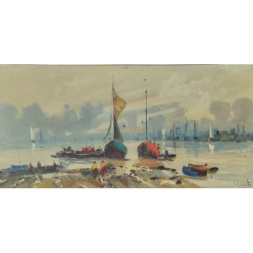 125 - H Roberts (20th century), Middle Eastern estuary scene with beached boats and figures, signed.  Oils... 