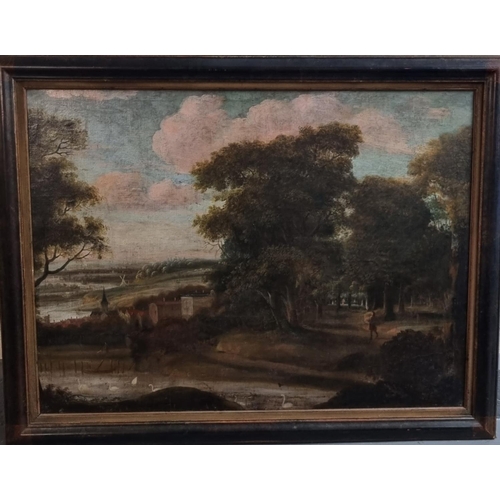 126A - 18th century Continental School, naïve landscape through trees with river and swans in the foregroun... 