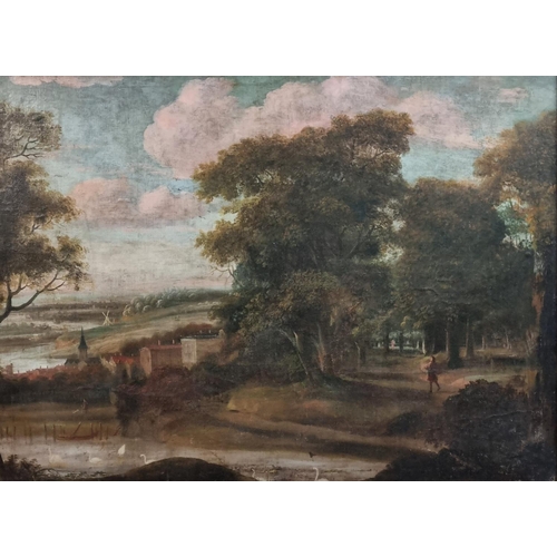 126A - 18th century Continental School, naïve landscape through trees with river and swans in the foregroun... 