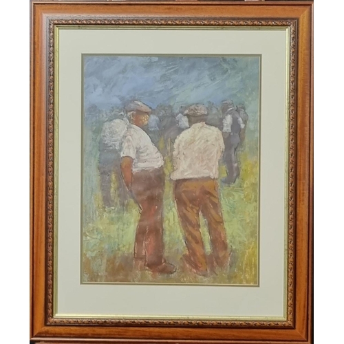 128 - Aneurin M Jones (Welsh, 1930 - 2017), farmers in conversation at a sale, signed.  Acrylic.  50x39cm ...