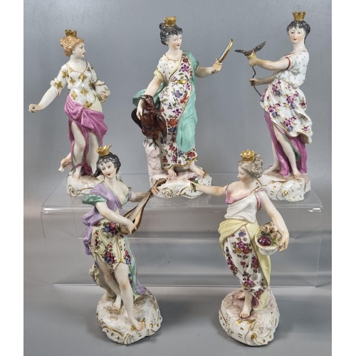 130 - Set of five continental porcelain figurines of ladies with birds, baskets and musical instruments.  ... 