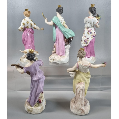 130 - Set of five continental porcelain figurines of ladies with birds, baskets and musical instruments.  ... 