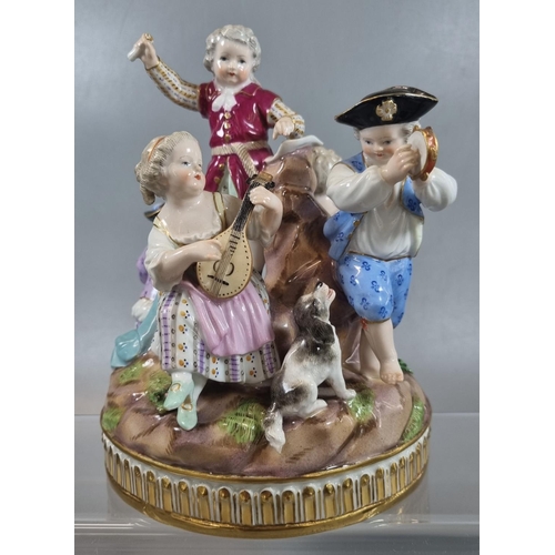 131 - Late 19th century Meissen porcelain figure group of children in a musical band playing flute, tambou... 