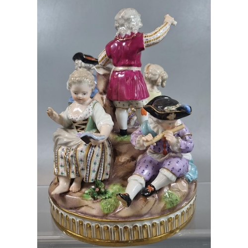 131 - Late 19th century Meissen porcelain figure group of children in a musical band playing flute, tambou... 